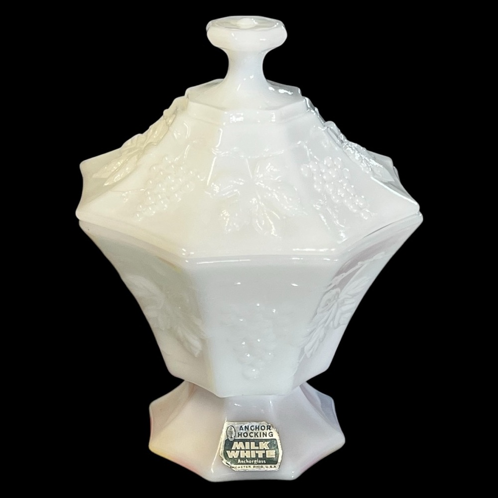 Vintage Anchor Hocking Milk Glass Grape Pattern Candy Dish With Lid